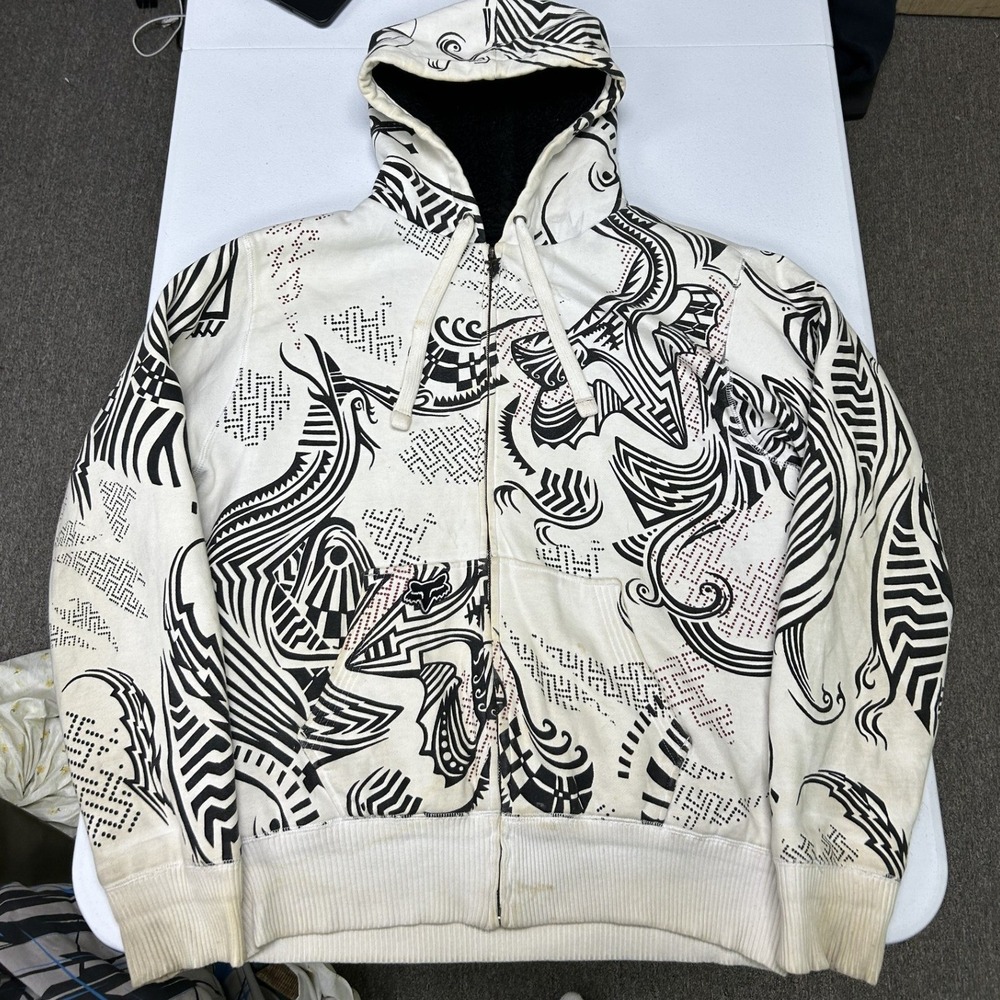 Fox Racing sasquach Full Zip Hoodie Mens L White Black Tribal All Over Print AOP